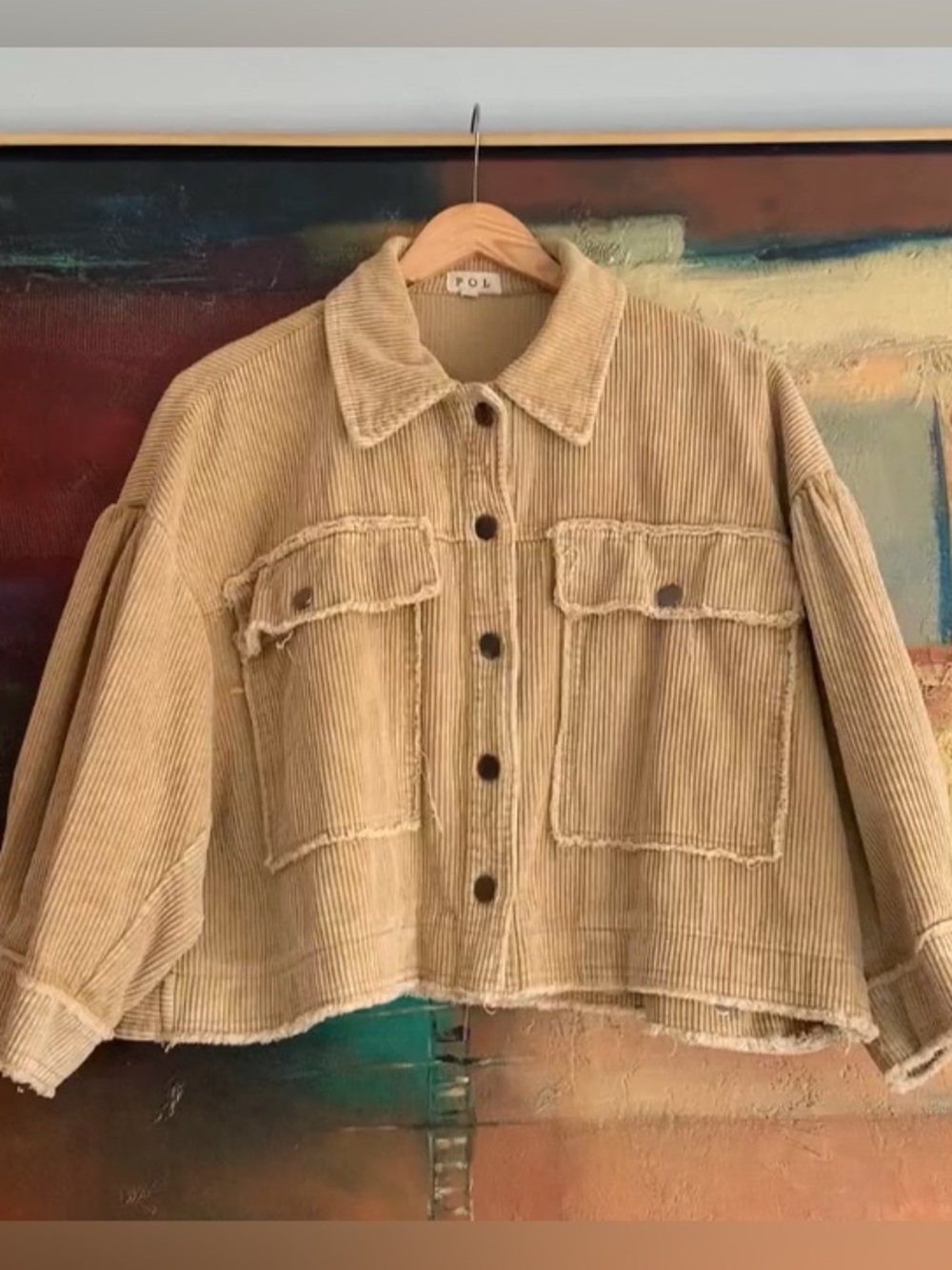 POL Boho Cropped Raw Hem Corduroy Jacket with Wide Sleeves , Sz S (oversized)